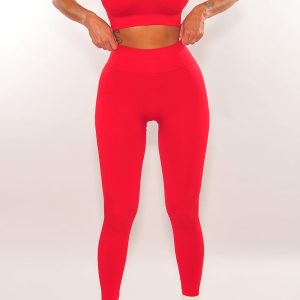 HMS Fit: Red Halter Padded Sports Bra High Waist Scrunch Butt Leggings Two Piece Set - Image 2