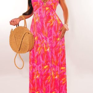 Fuchsia Floral Abstract Print Halter Babydoll Maxi Dress