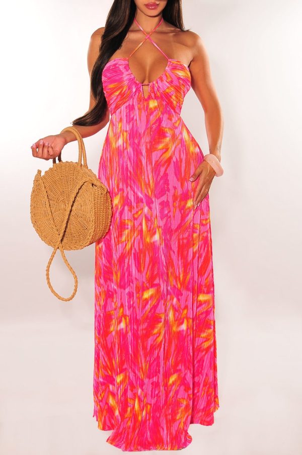 Fuchsia Floral Abstract Print Halter Babydoll Maxi Dress