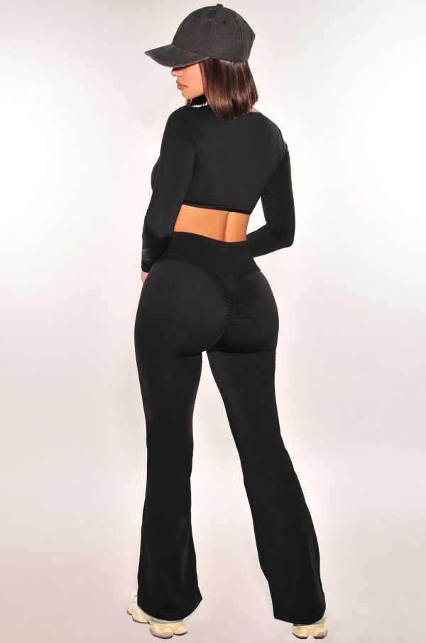 HMS Fit: Black Long Sleeve High Waist Scrunch Butt Flare Leggings Two Piece Set