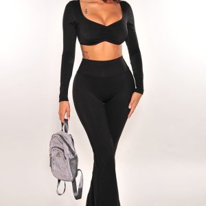 HMS Fit: Black Long Sleeve High Waist Scrunch Butt Flare Leggings Two Piece Set - Image 2