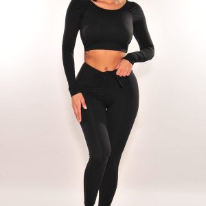 HMS Fit: Black Padded Long Sleeve Lace Up Back Scrunch Butt Leggings Two Piece Set - Image 2